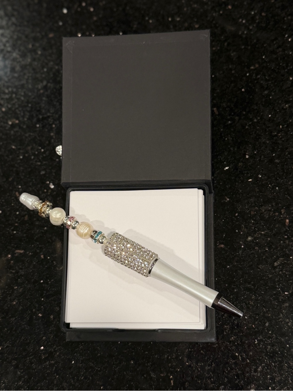 Sparkly Floral Desk Set - Crystal Accented Note Holder with Coaster & Bling Pen - Picture 3 of 10